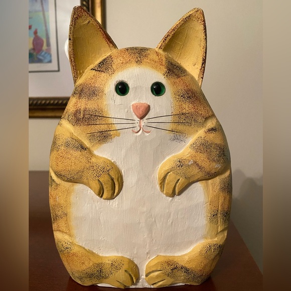 Adorable Chubby Orange Fat Cat Wood Carved Figure with Glass Eyes - Picture 1 of 9